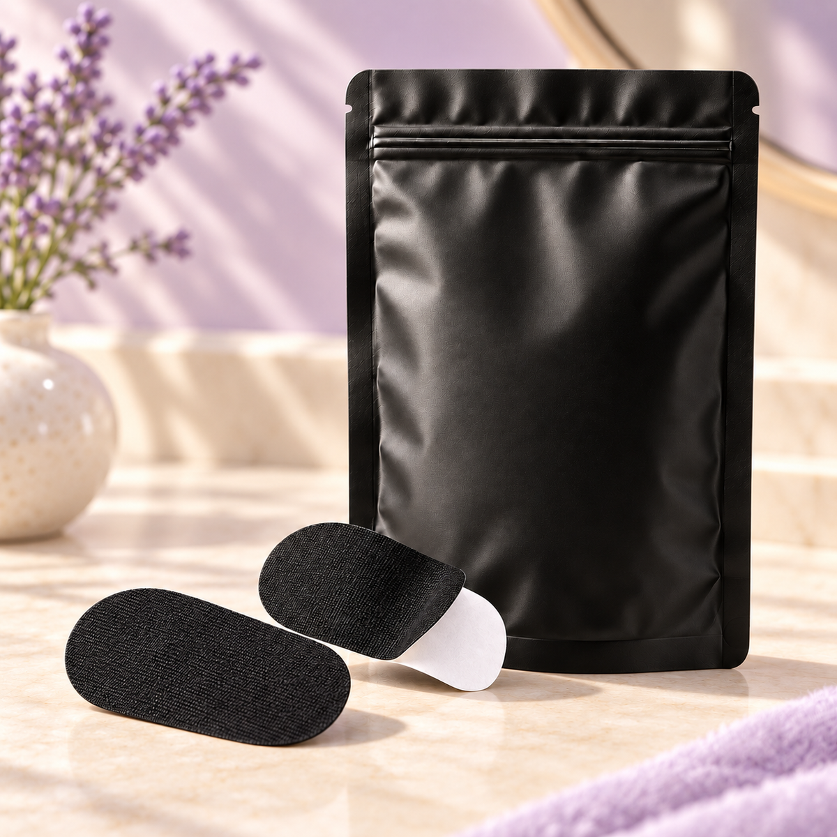 Snoozeout Flow mondstrips met zwarte verpakking en deels losgetrokken beschermlaag