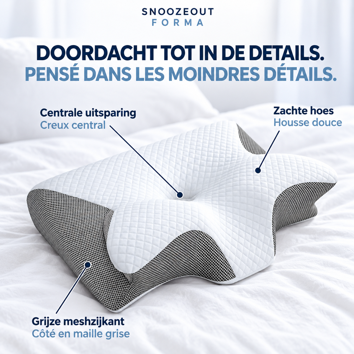 Forma: centrale uitsparing, zachte hoes en grijze meshzijkanten / Forma : creux central, housse douce et côtés en maille grise