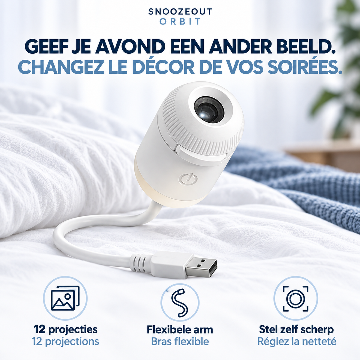Orbit: twaalf projecties, flexibele arm en handmatig scherpstellen / Orbit : douze projections, bras flexible et mise au point manuelle